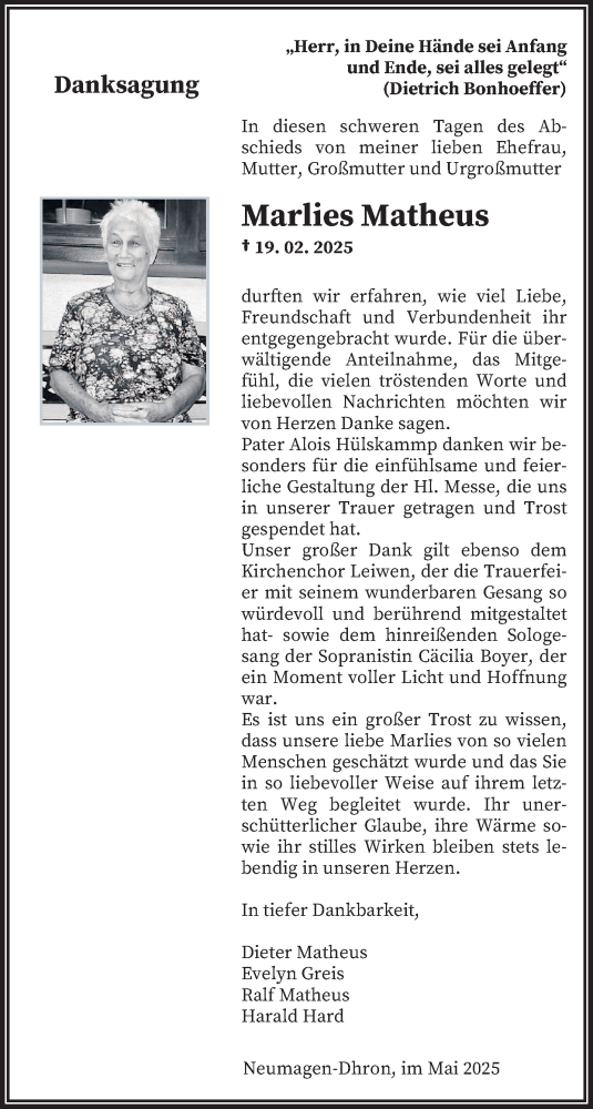 Todesanzeige von Marlies Matheus von trierischer_volksfreund
