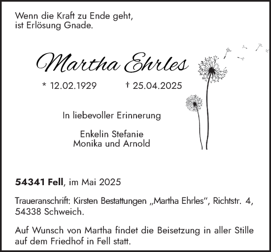 Todesanzeige von Martha Ehrles von trierischer_volksfreund