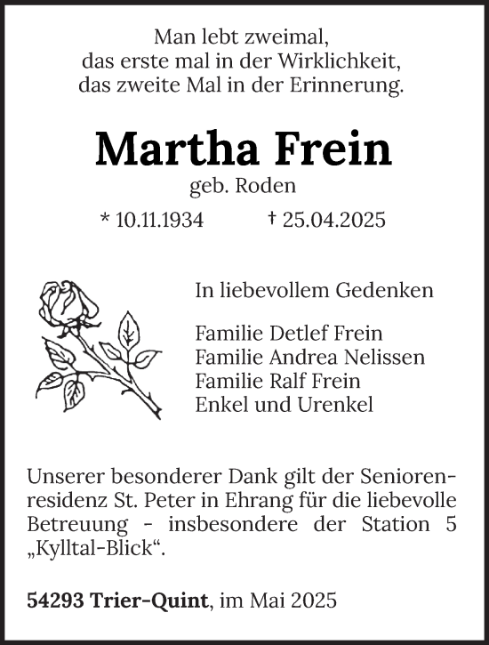Todesanzeige von Martha Frein von trierischer_volksfreund
