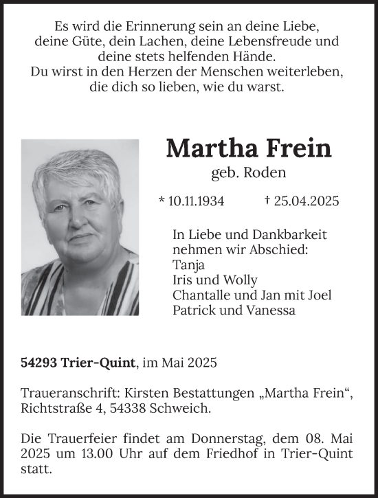 Todesanzeige von Martha Frein von trierischer_volksfreund
