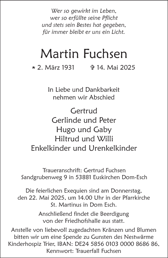 Todesanzeige von Martin Fuchsen von trierischer_volksfreund
