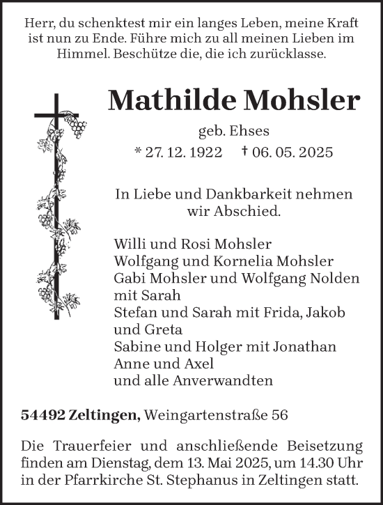 Todesanzeige von Mathilde Mohsler von trierischer_volksfreund