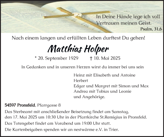 Todesanzeige von Matthias Holper von trierischer_volksfreund