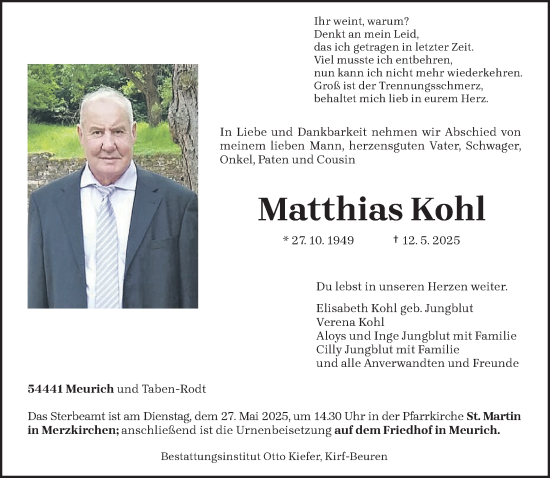 Todesanzeige von Matthias Kohl von trierischer_volksfreund