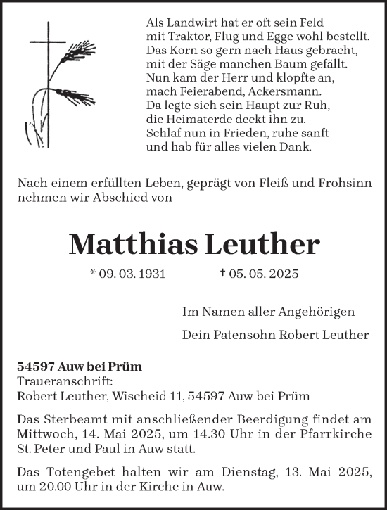 Todesanzeige von Matthias Leuther von trierischer_volksfreund
