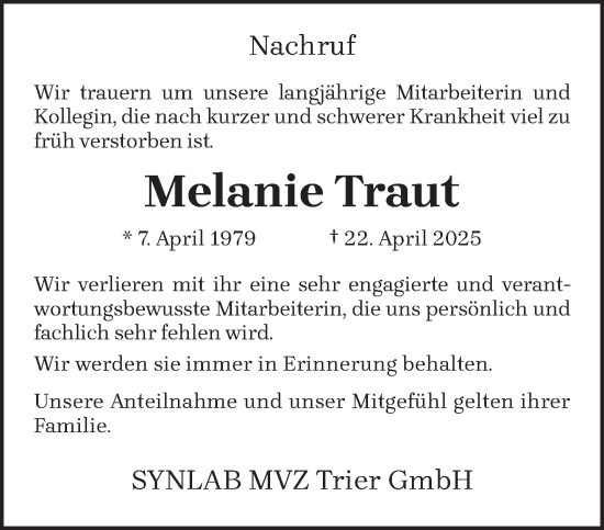 Todesanzeige von Melanie Traut von trierischer_volksfreund