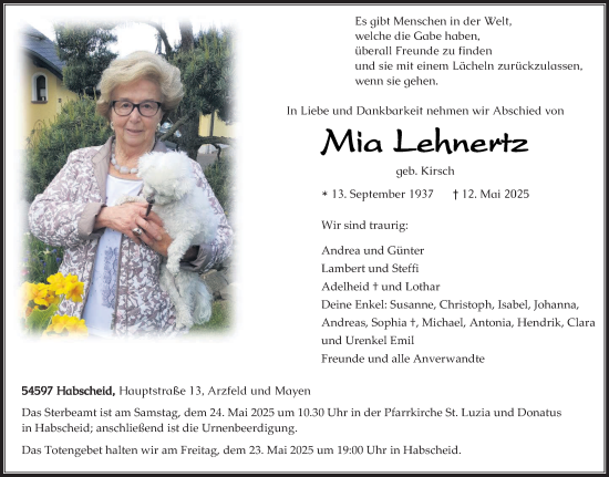 Todesanzeige von Mia Lehnertz von trierischer_volksfreund