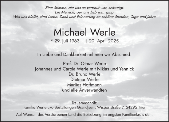 Todesanzeige von Michael Werle von trierischer_volksfreund
