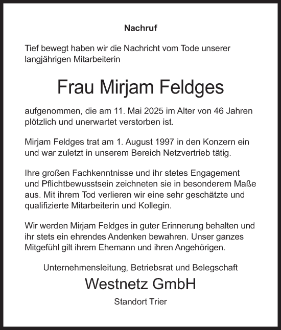 Todesanzeige von Mirjam Feldges von trierischer_volksfreund