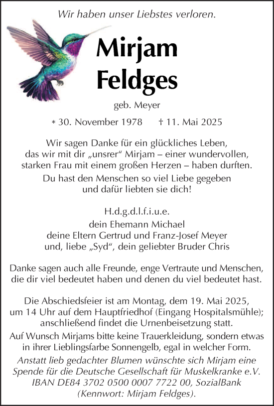 Todesanzeige von Mirjam Feldges von trierischer_volksfreund