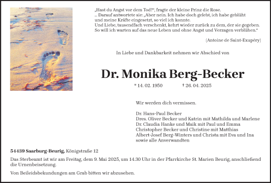 Todesanzeige von Monika Berg-Becker von trierischer_volksfreund