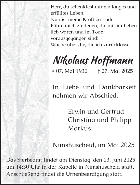 Todesanzeige von Nikolaus Hoffmann von trierischer_volksfreund