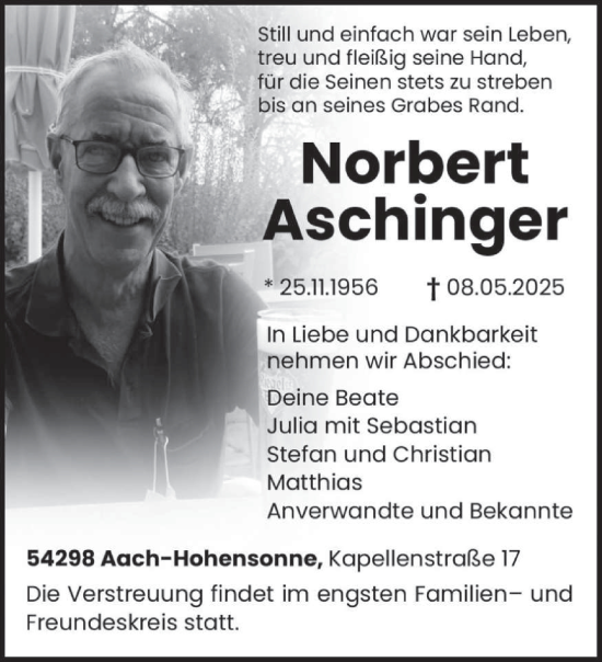 Todesanzeige von Norbert Aschinger von trierischer_volksfreund