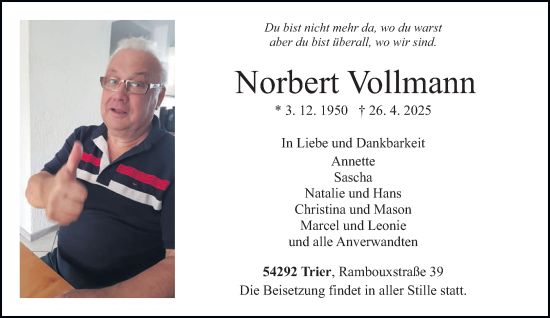 Todesanzeige von Norbert Vollmann von trierischer_volksfreund