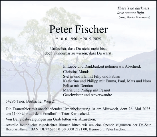 Todesanzeige von Peter Fischer von trierischer_volksfreund