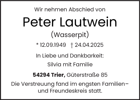 Todesanzeige von Peter Lautwein von trierischer_volksfreund