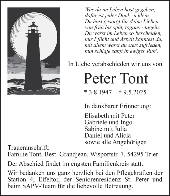 Todesanzeige von Peter Tont von trierischer_volksfreund