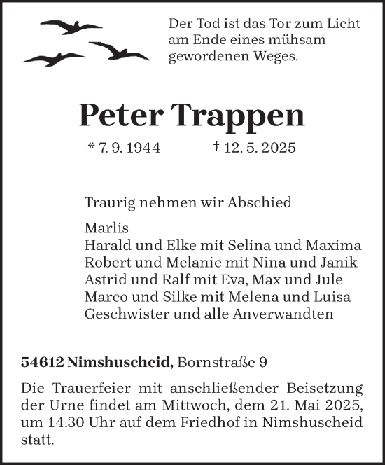 Todesanzeige von Peter Trappen von trierischer_volksfreund
