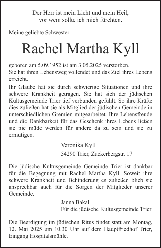 Todesanzeige von Rachel Martha Kyll von trierischer_volksfreund