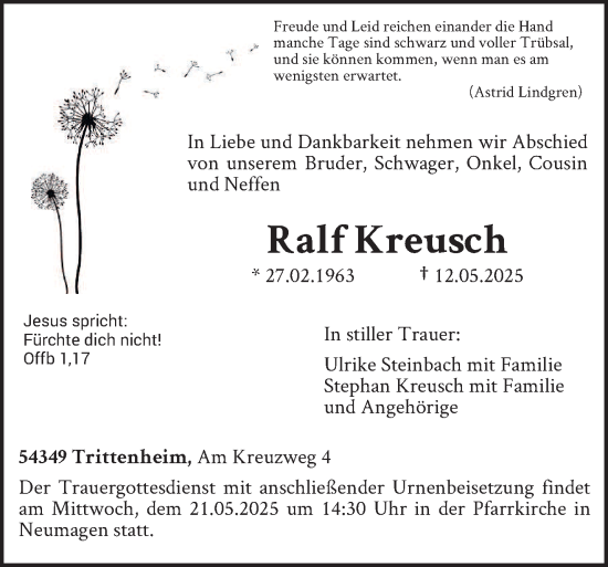 Todesanzeige von Ralf Kreusch von trierischer_volksfreund