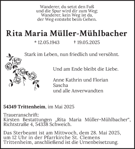 Todesanzeige von Rita Maria Müller-Mühlbacher von trierischer_volksfreund