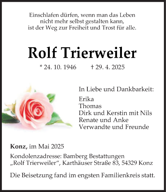 Todesanzeige von Rolf Trierweiler von trierischer_volksfreund