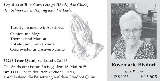 Todesanzeige von Rosemarie Bisdorf von trierischer_volksfreund