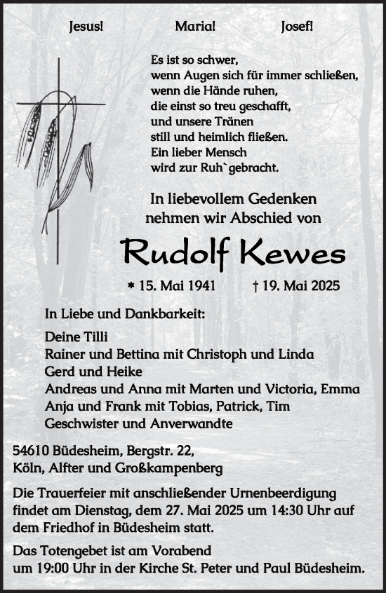 Todesanzeige von Rudolf Kewes von trierischer_volksfreund