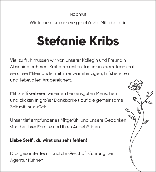 Todesanzeige von Stefanie Kribs von trierischer_volksfreund