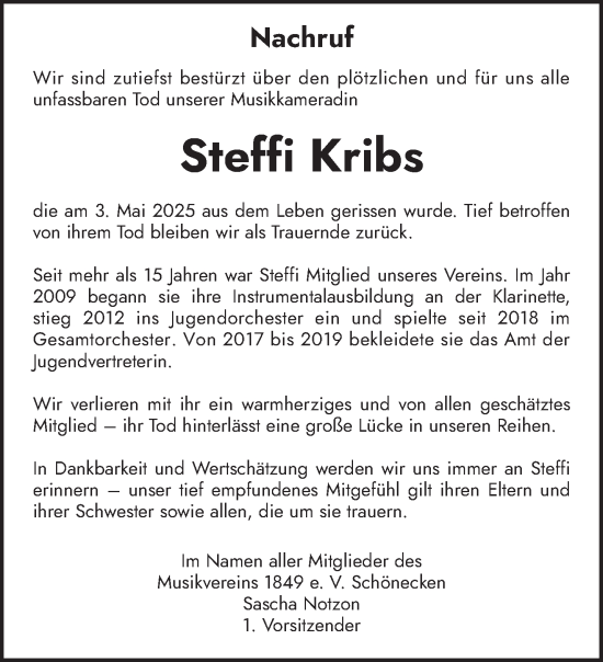 Todesanzeige von Stefanie Kribs von trierischer_volksfreund