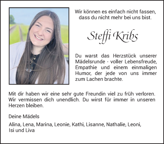 Todesanzeige von Steffi Kribs von trierischer_volksfreund