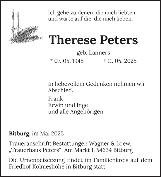 Todesanzeige von Therese Peters von trierischer_volksfreund