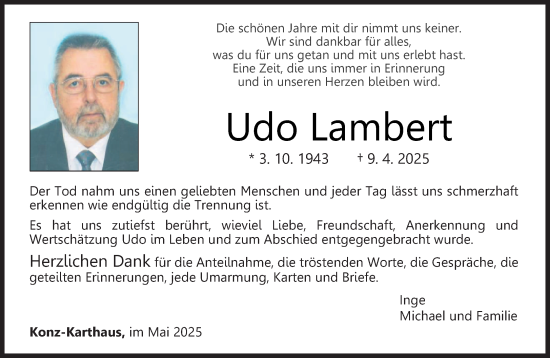 Todesanzeige von Udo Lambert von trierischer_volksfreund