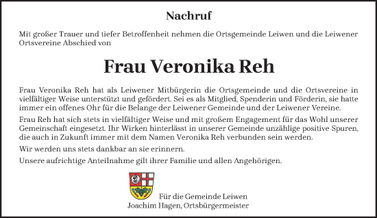 Todesanzeige von Veronika Reh von trierischer_volksfreund