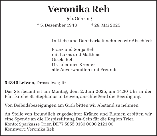 Todesanzeige von Veronika Reh von trierischer_volksfreund
