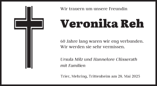 Todesanzeige von Veronika Reh von trierischer_volksfreund