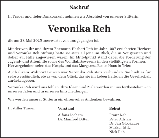 Todesanzeige von Veronika Reh von trierischer_volksfreund