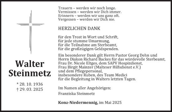 Todesanzeige von Walter Steinmetz von trierischer_volksfreund