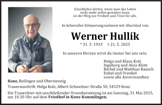 Todesanzeige von Werner Hullik von trierischer_volksfreund