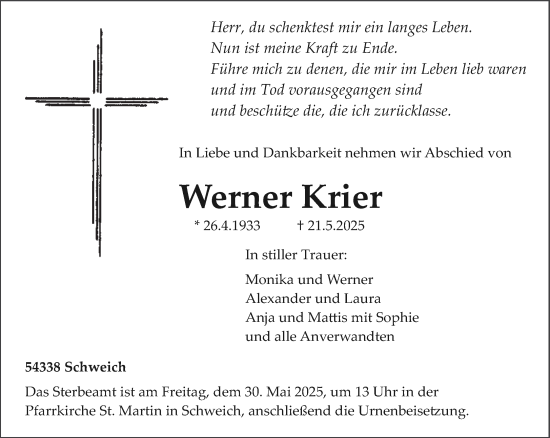Todesanzeige von Werner Krier von trierischer_volksfreund
