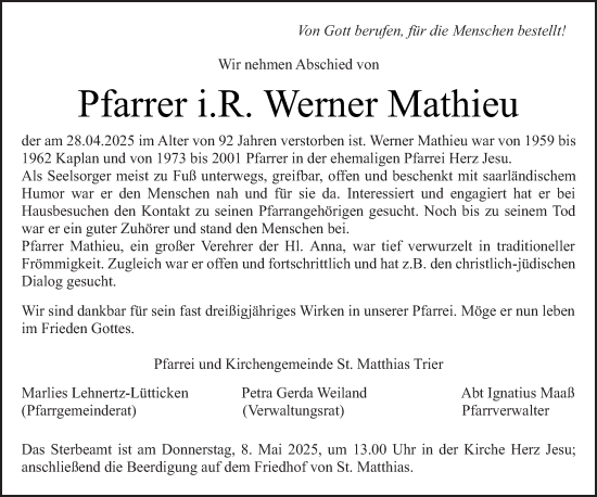 Todesanzeige von Werner Mathieu von trierischer_volksfreund