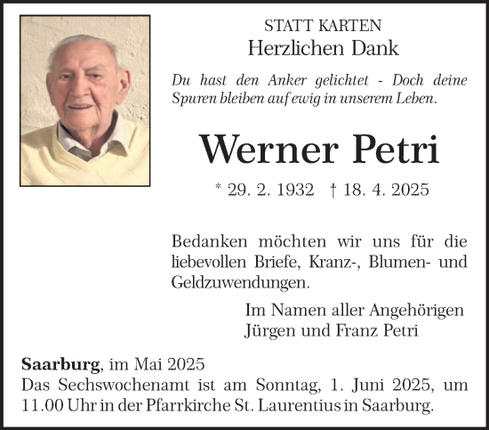 Todesanzeige von Werner Petri von trierischer_volksfreund
