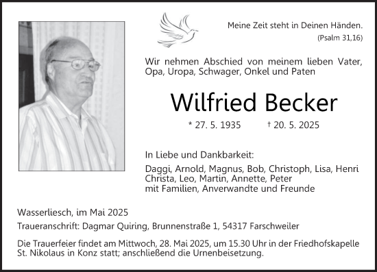 Todesanzeige von Wilfried Becker von trierischer_volksfreund