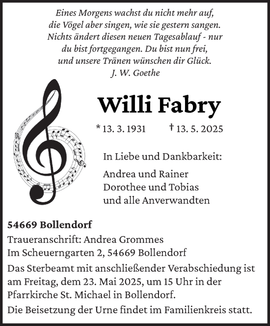 Todesanzeige von Willi Fabry von trierischer_volksfreund