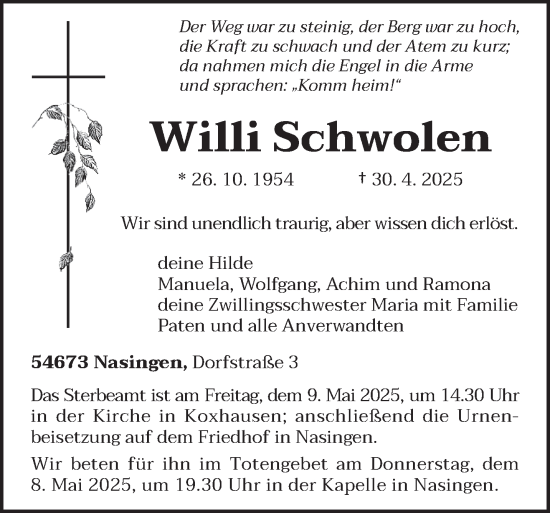Todesanzeige von Willi Schwolen von trierischer_volksfreund