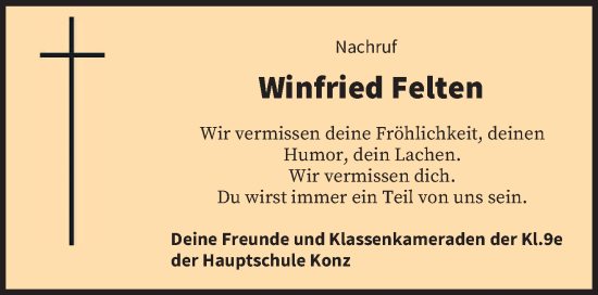 Todesanzeige von Winfried Felten von trierischer_volksfreund