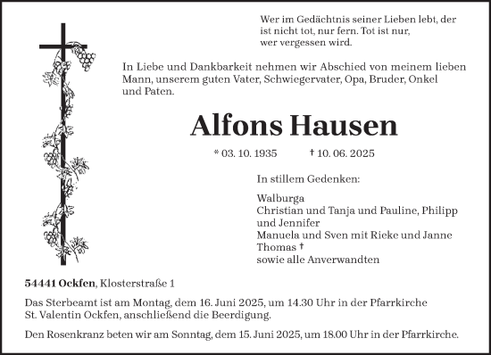 Todesanzeige von Alfons Hausen von trierischer_volksfreund