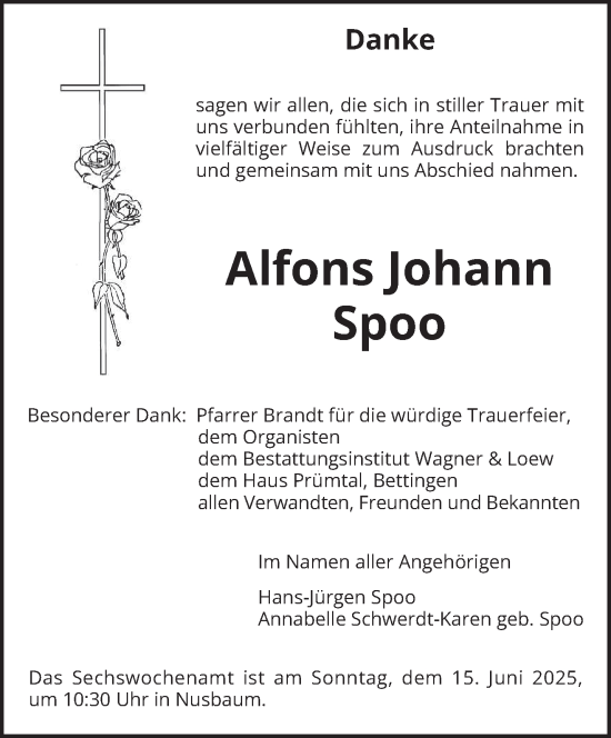 Todesanzeige von Alfons Johann Spoo von trierischer_volksfreund