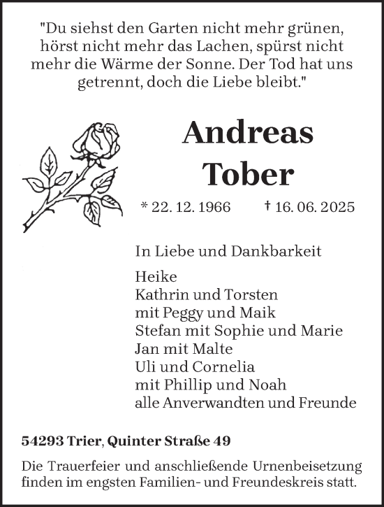Todesanzeige von Andreas Tober von trierischer_volksfreund