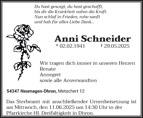 Todesanzeige von Anni Schneider von trierischer_volksfreund